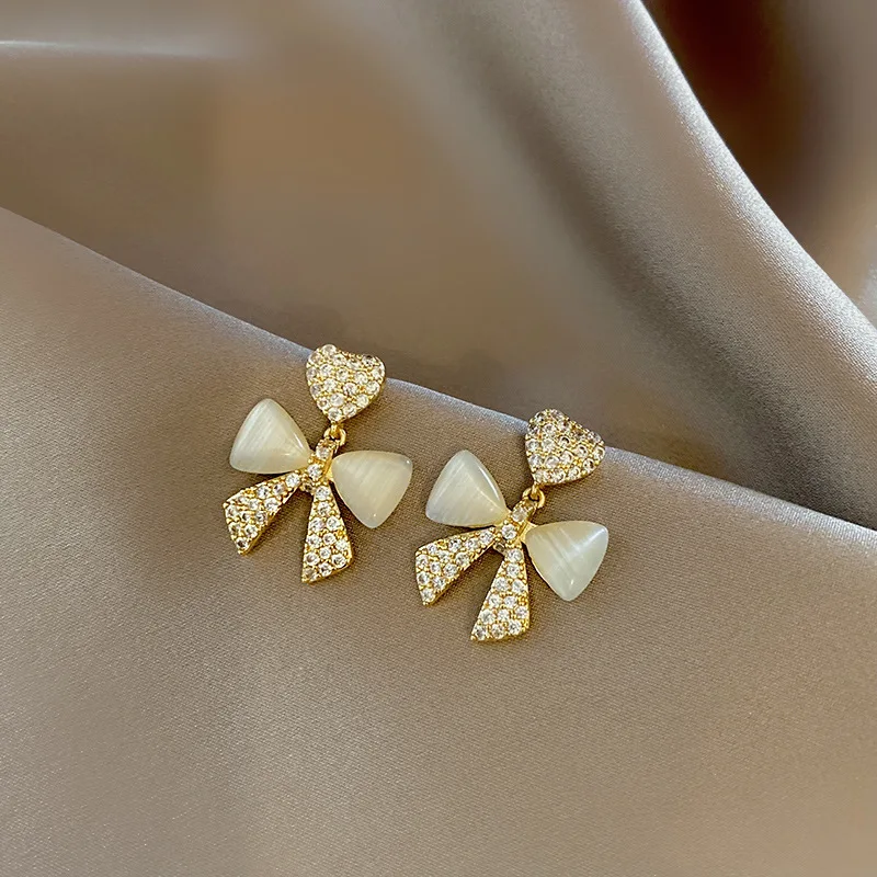 Heart Bow Zircon Korean Stud Earrings for Women – Elegant Golden Alloy Earrings Without Box - Image 2