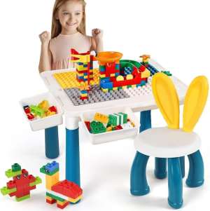 Kids Building Blocks Table With Chair – Multi-Functional Play Set For Creative Learning, Building, Drawing, And Fun Activities