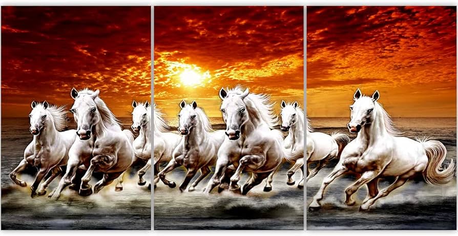 🌅 Majestic Seven White Horses Running on Porcelain Tile Art - Fiery Sunset Triptych - Image 2