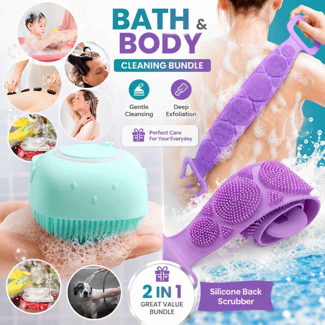 Silicone Bath Brush And Silicone Back Scrubber Care Bundle For Deep Cleansing And Gentle Body Care (Random Color) - Image 2