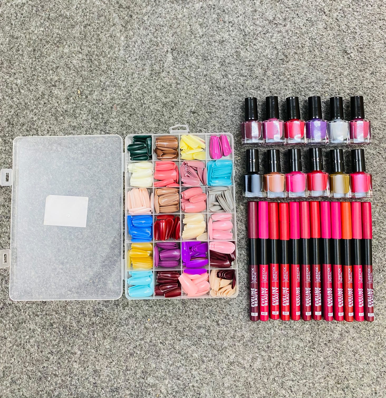 576 Pcs Artificial Nails Set with Free Glue + 12 Peel Off Nail Paints + 12 Jumbo Pencils Combo Pack for Girls & Kids - Image 2