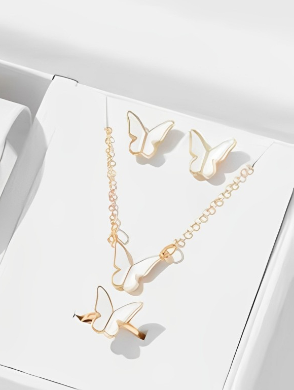 Butterfly Set, Pack Of 4 / Pendants Necklace Earrings Ring For Women Jewelry -white - Image 2