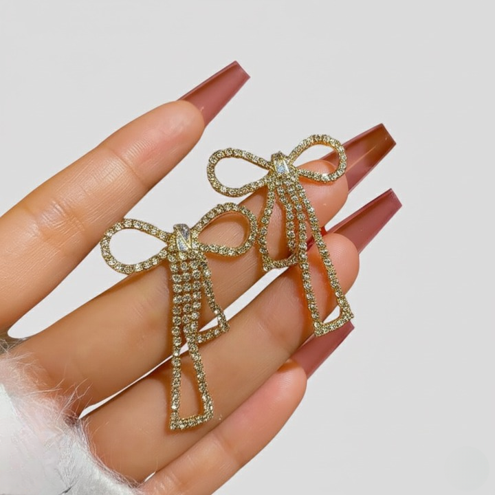 PQT-985 Touch Of Glamour To Your Look With These Bow Shape Zircon Korean Earrings – Color Golden - Image 4