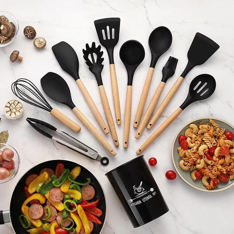 12 Pcs Silicone Cooking Utensils Kitchen Utensil Set | Heat Resistant Kitchen Non toxic Spatula Set with Turner Tongs,Spoon,Brush,Whisk-Wooden Handle - Random Color - Image 13