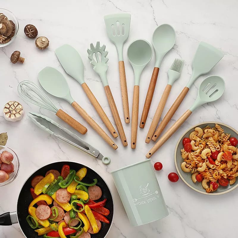 12 Pcs Silicone Cooking Utensils Kitchen Utensil Set | Heat Resistant Kitchen Non toxic Spatula Set with Turner Tongs,Spoon,Brush,Whisk-Wooden Handle - Random Color - Image 16