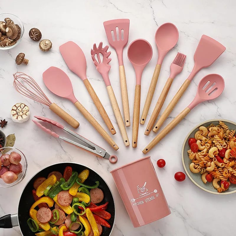 12 Pcs Silicone Cooking Utensils Kitchen Utensil Set | Heat Resistant Kitchen Non toxic Spatula Set with Turner Tongs,Spoon,Brush,Whisk-Wooden Handle - Random Color - Image 17