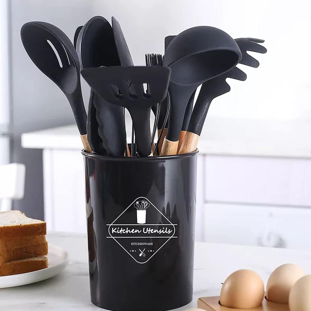 12 Pcs Silicone Cooking Utensils Kitchen Utensil Set | Heat Resistant Kitchen Non toxic Spatula Set with Turner Tongs,Spoon,Brush,Whisk-Wooden Handle - Random Color - Image 18