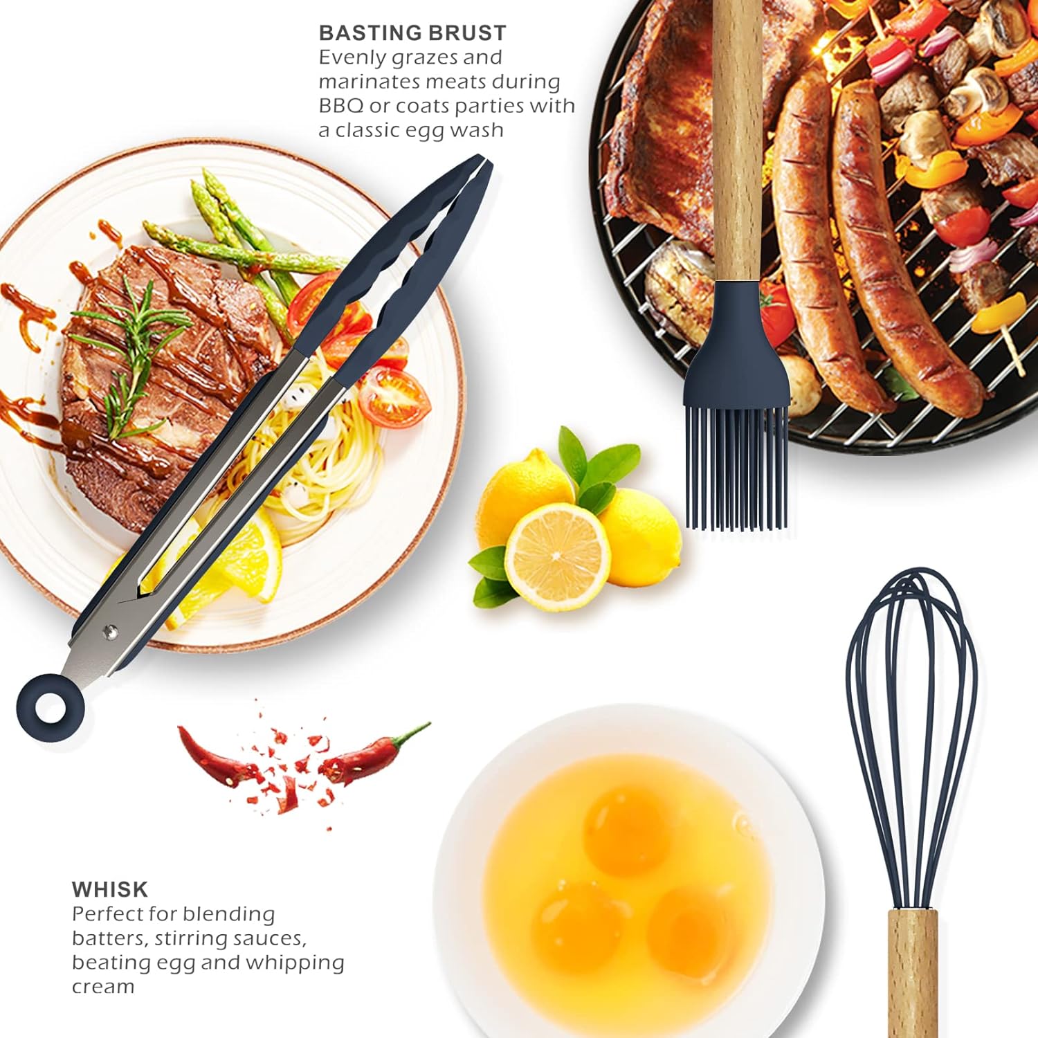 12 Pcs Silicone Cooking Utensils Kitchen Utensil Set | Heat Resistant Kitchen Non toxic Spatula Set with Turner Tongs,Spoon,Brush,Whisk-Wooden Handle - Random Color - Image 5