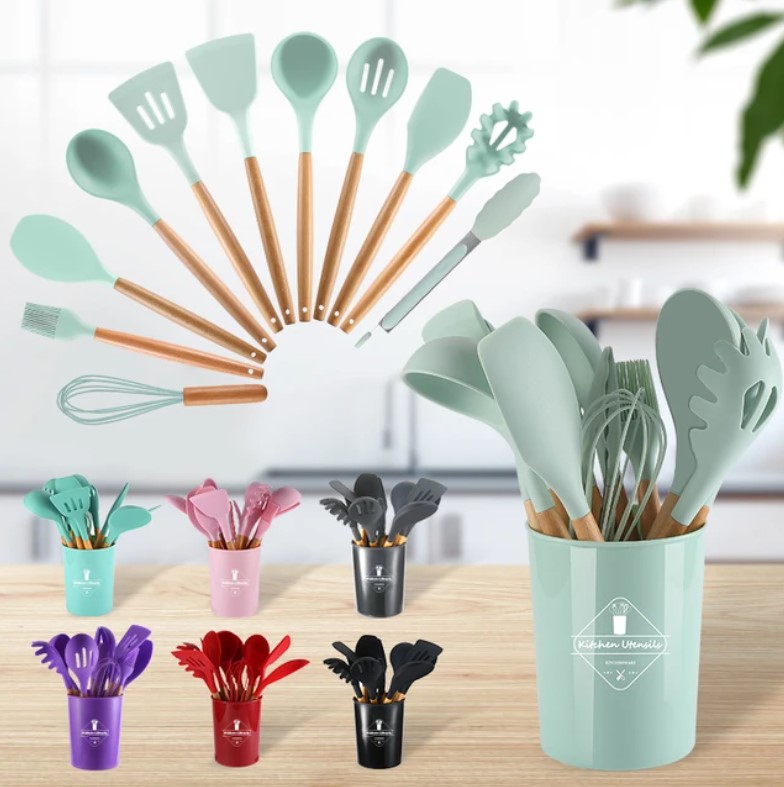12 Pcs Silicone Cooking Utensils Kitchen Utensil Set | Heat Resistant Kitchen Non toxic Spatula Set with Turner Tongs,Spoon,Brush,Whisk-Wooden Handle - Random Color - Image 9