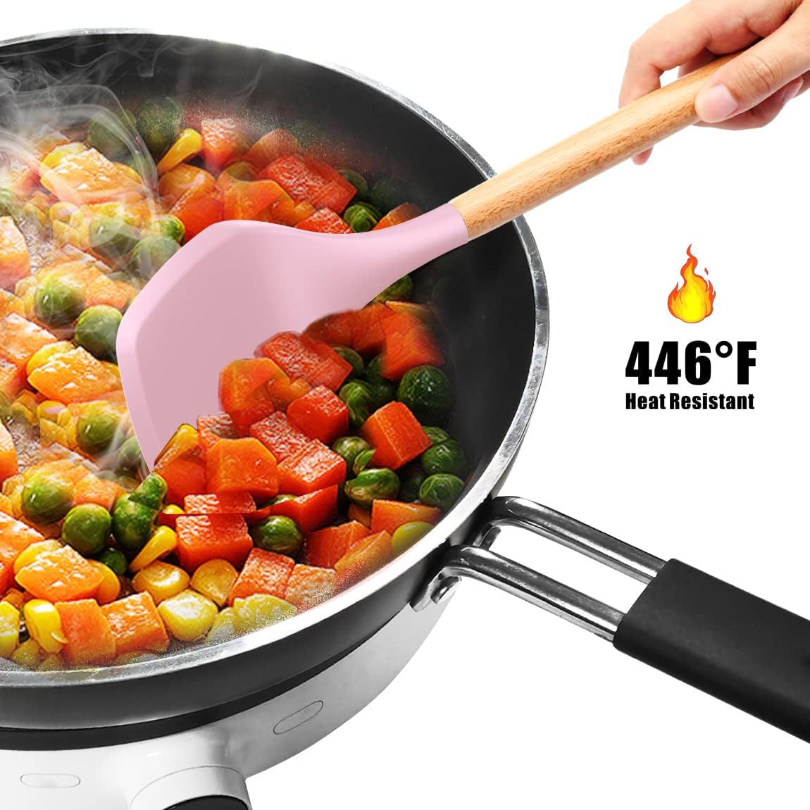 12 Pcs Silicone Cooking Utensils Kitchen Utensil Set | Heat Resistant Kitchen Non toxic Spatula Set with Turner Tongs,Spoon,Brush,Whisk-Wooden Handle - Random Color - Image 7