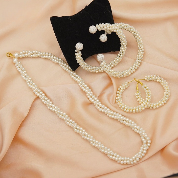 Women Pearl Elegant Jewelry Set ,Kangan, Mala & Earrings Pearl Set(white) - Image 4