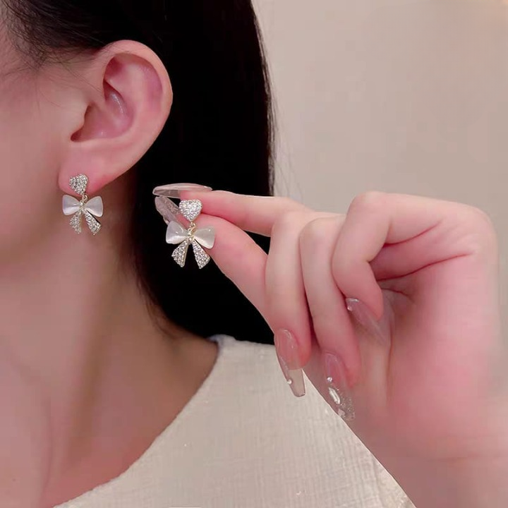 Heart Bow Zircon Korean Stud Earrings for Women – Elegant Golden Alloy Earrings Without Box - Image 3