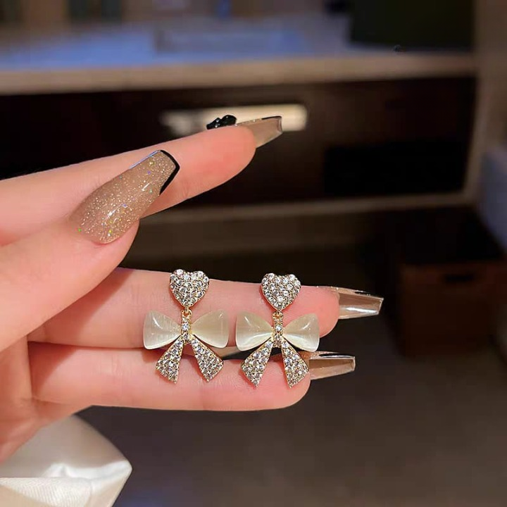 Heart Bow Zircon Korean Stud Earrings for Women – Elegant Golden Alloy Earrings Without Box - Image 4