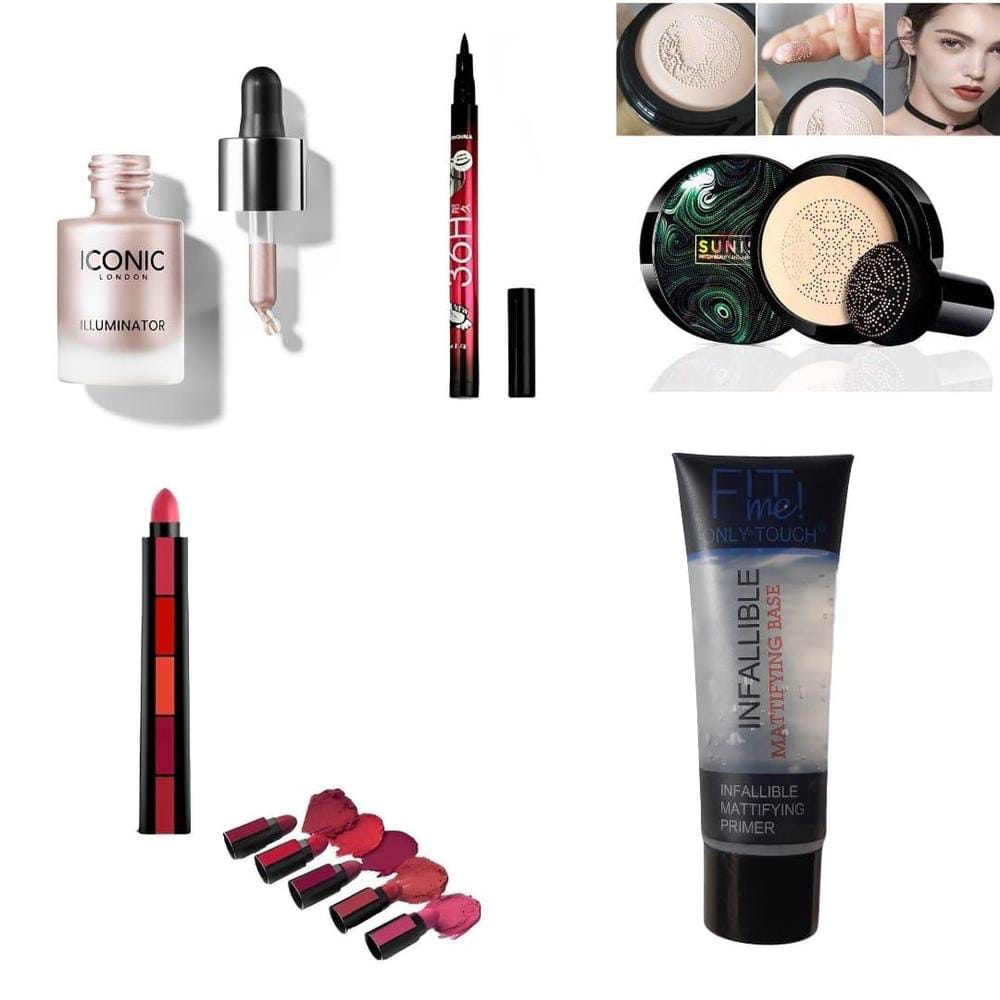 Makeup Bundle Deal ( Pack Of 5 ) Primer , Foundation ,Eyeliner Pen ,Highlighter ,5 in 1 Lipstick