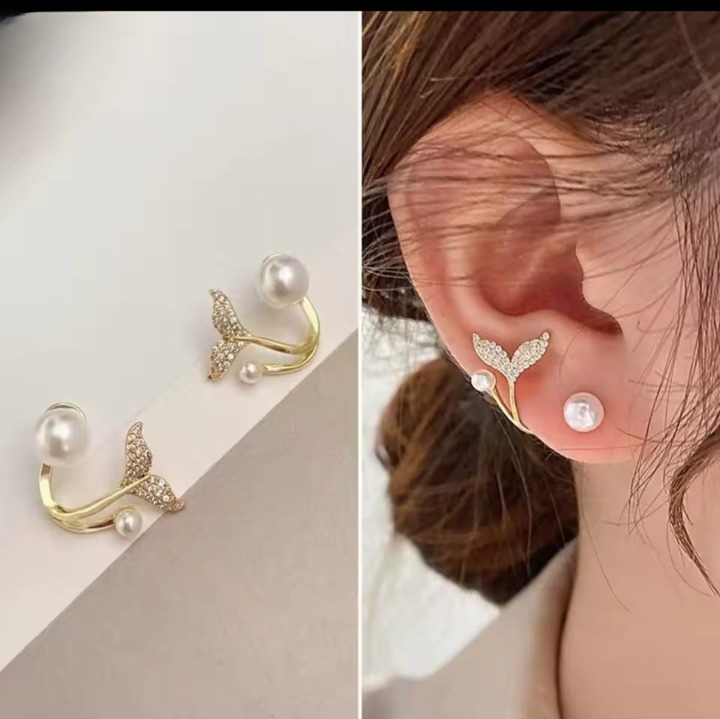 Korean Golden Fishtail Fashion Stud Earrings For Women Jewelry Trendy Simulated Pearl Butterfly Earrings Piercing - Image 3