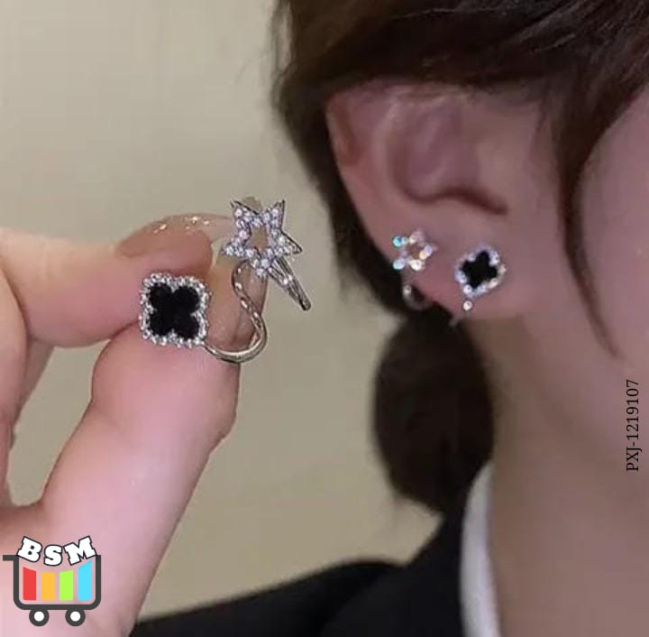 Sparkling Clover Star Earrings – Gold Plated Fashion Jewelry with Black Enamel & Crystal Detailing ( PXJ-107) - Image 8