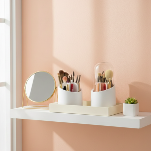 Makeup Brush Holder Organizer With Lid 360° Rotating Dustproof Printed Hard Box For Neat And Stylish Storage
