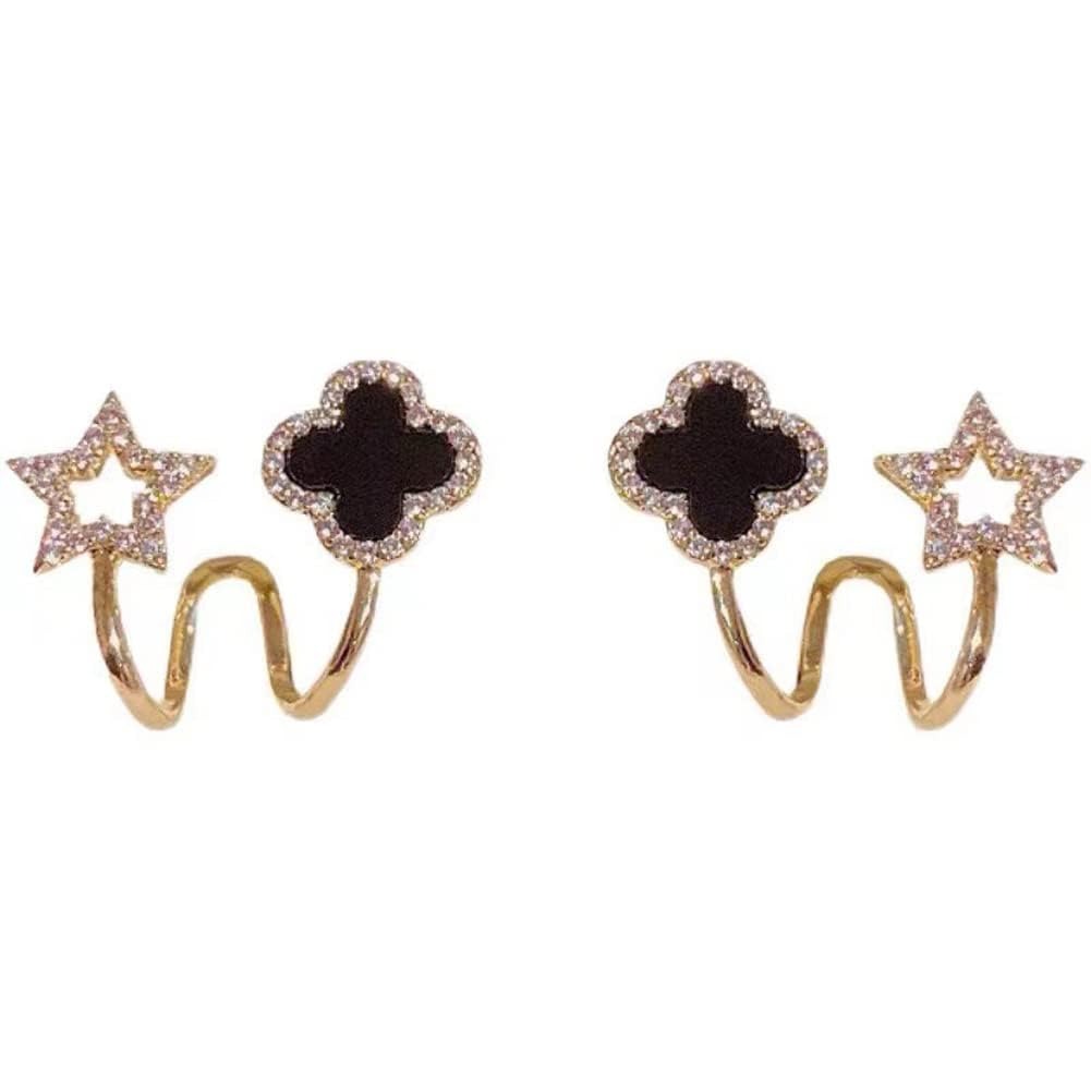 Sparkling Clover Star Earrings – Gold Plated Fashion Jewelry with Black Enamel & Crystal Detailing ( PXJ-107) - Image 6