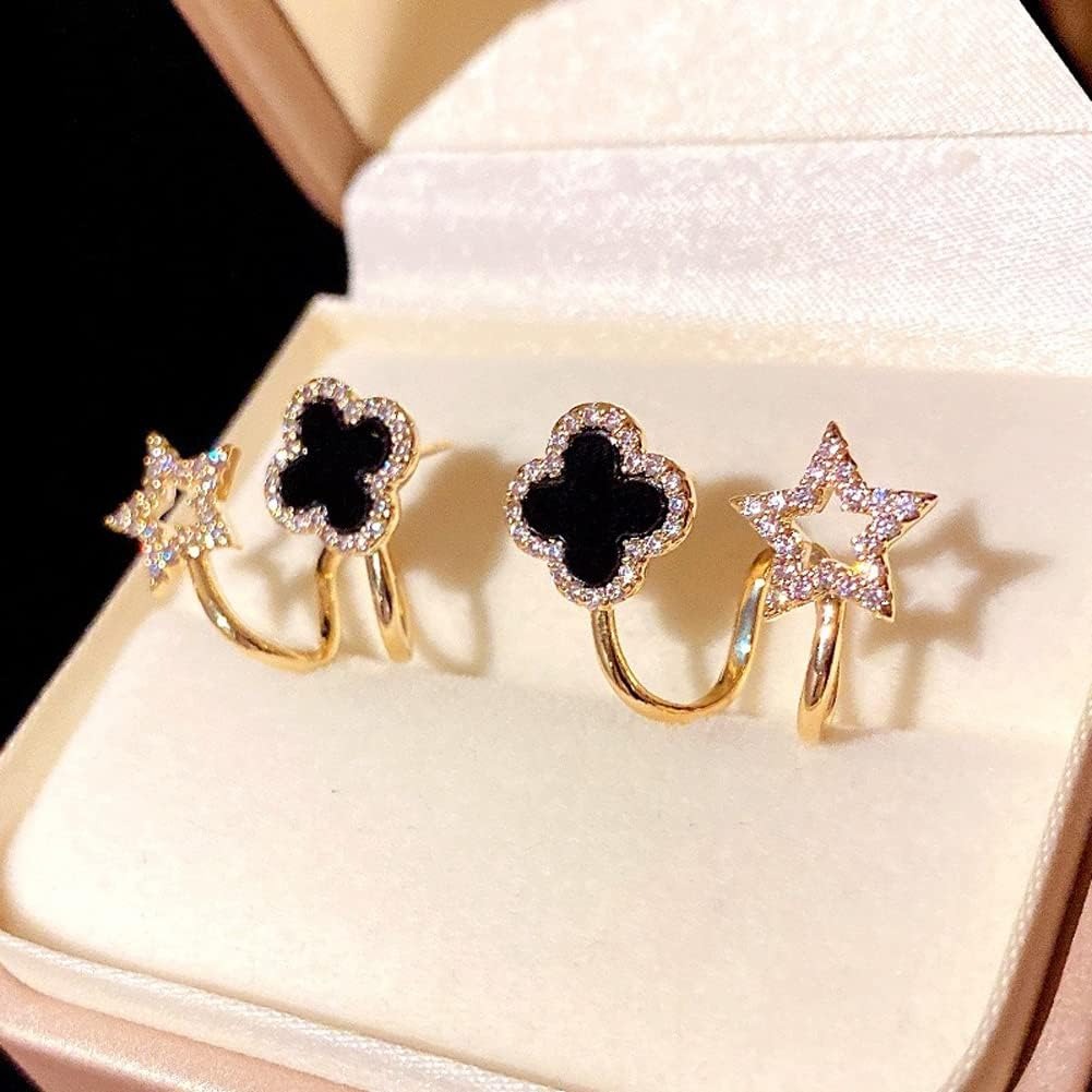 Sparkling Clover Star Earrings – Gold Plated Fashion Jewelry with Black Enamel & Crystal Detailing ( PXJ-107) - Image 3