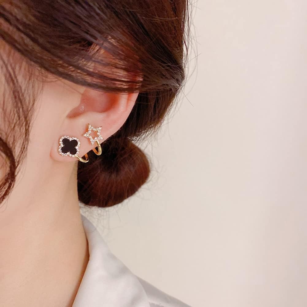 Sparkling Clover Star Earrings – Gold Plated Fashion Jewelry with Black Enamel & Crystal Detailing ( PXJ-107) - Image 4