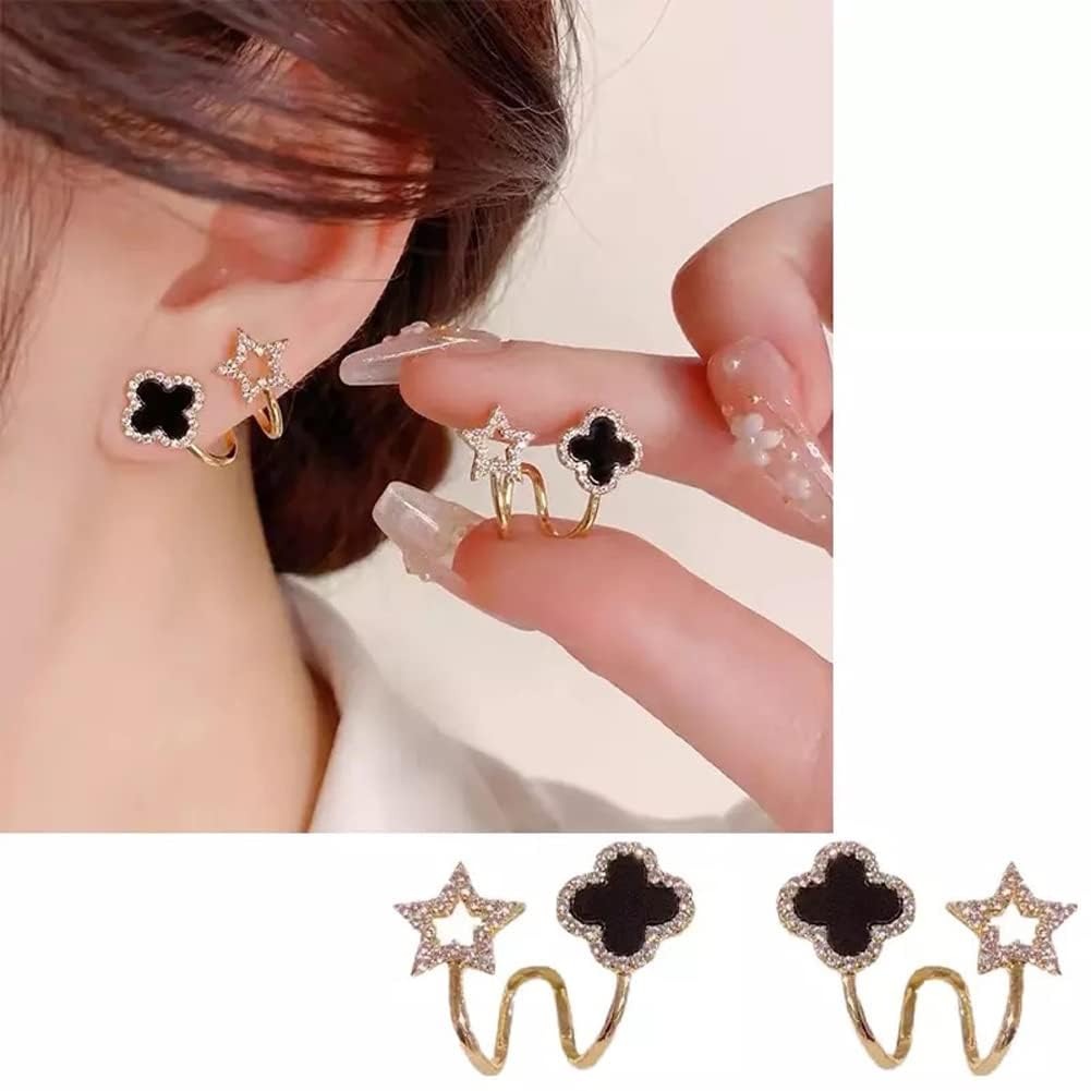 Sparkling Clover Star Earrings – Gold Plated Fashion Jewelry with Black Enamel & Crystal Detailing ( PXJ-107) - Image 5
