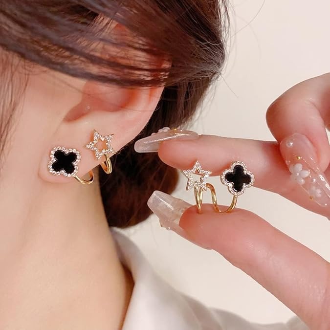 Sparkling Clover Star Earrings – Gold Plated Fashion Jewelry with Black Enamel & Crystal Detailing ( PXJ-107)