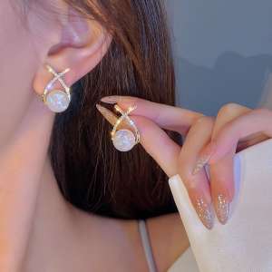 Elegant Golden Cross Pearl Zircon Earings Pearl Stud Earrings Women Personality Fashion Unique Design Earrings | Earrings for Women Fashion | Luxury Look Artificial Earrings | Women Earrings
